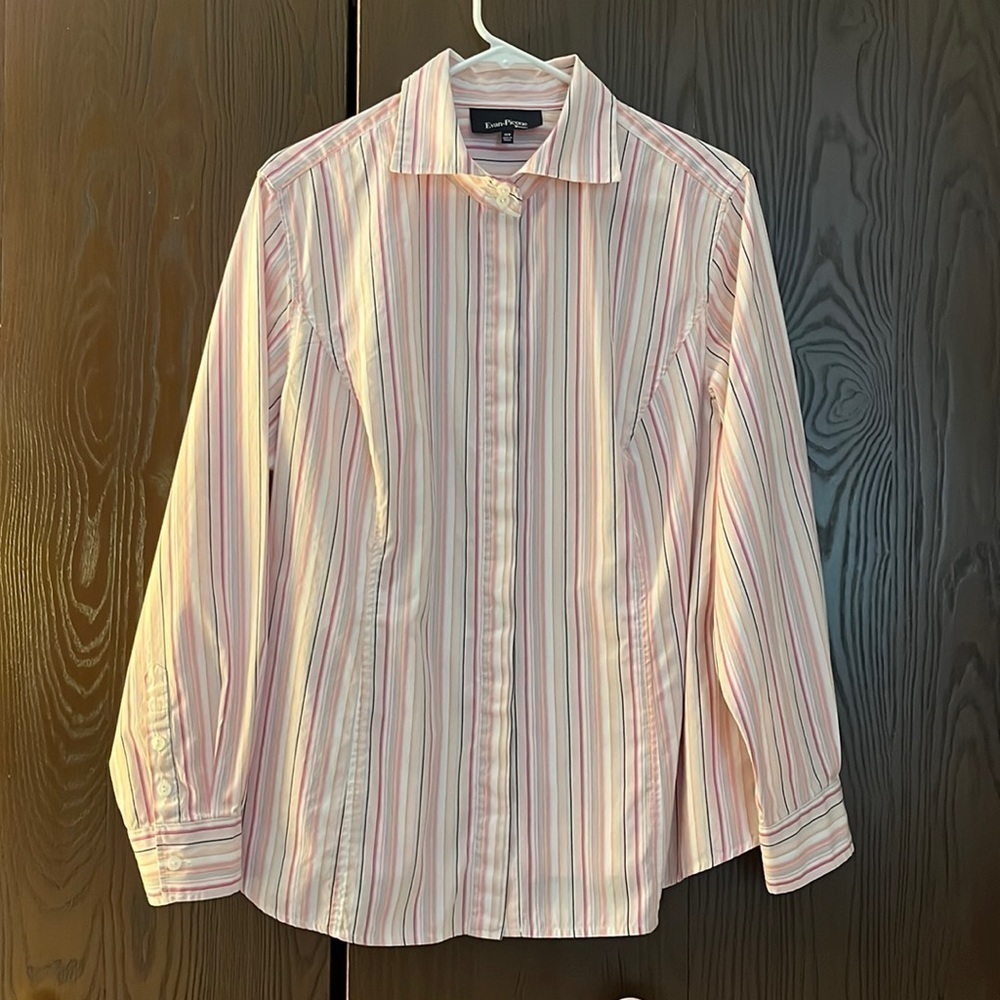 Evan-Picone long sleeved, tailored blouse. White with multi-colored stripes. 16W